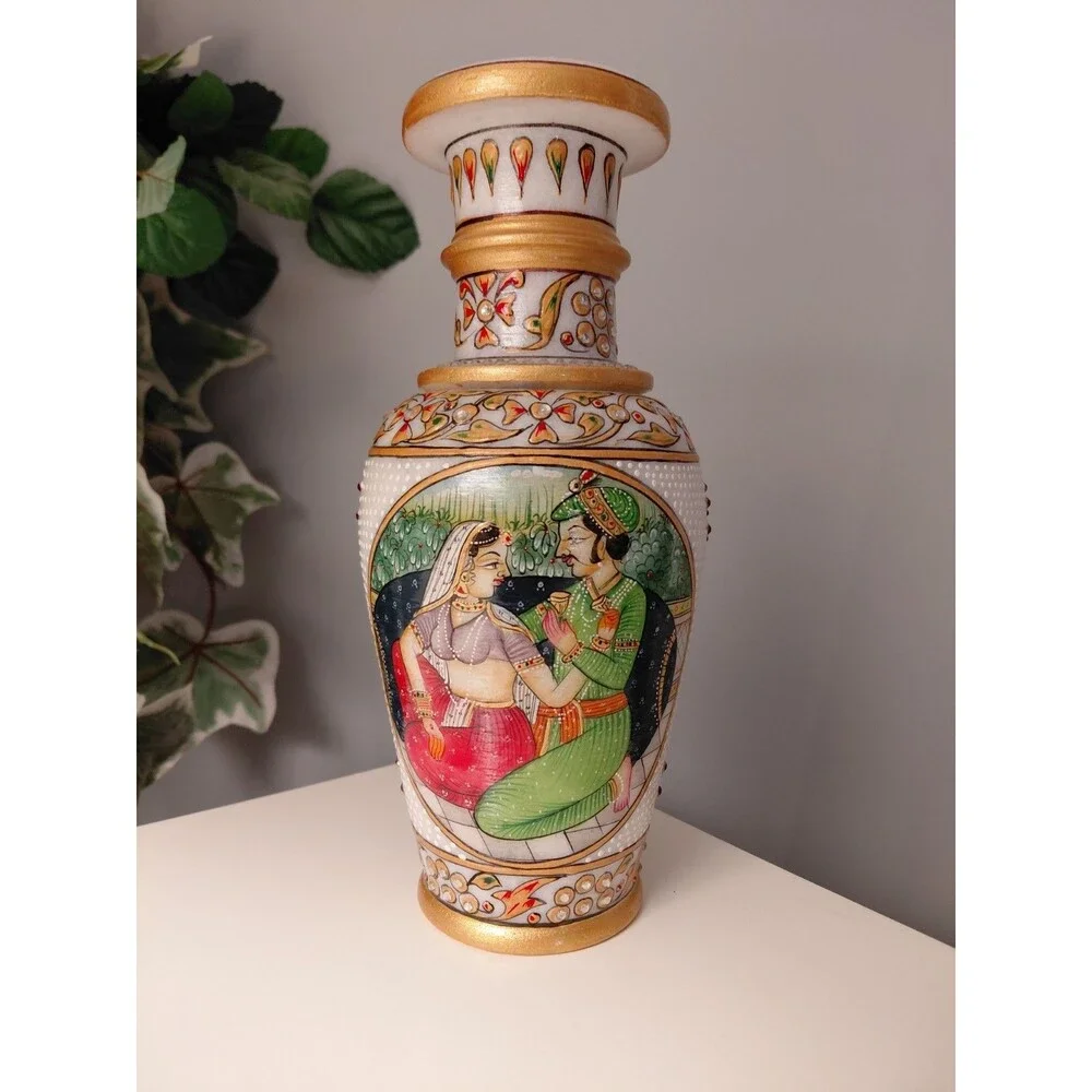 Marble Vase India Mughal Style Court Scene Intricate Raised Decoration Pristine